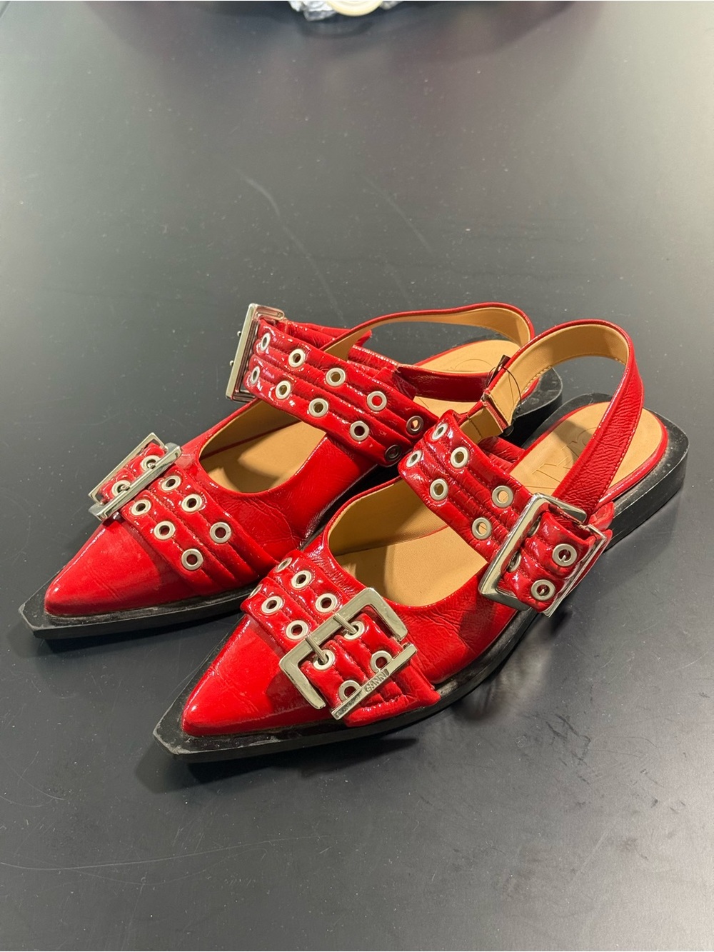 Ganni Red Pointed Slingback Flats with Buckle & Grommet Straps